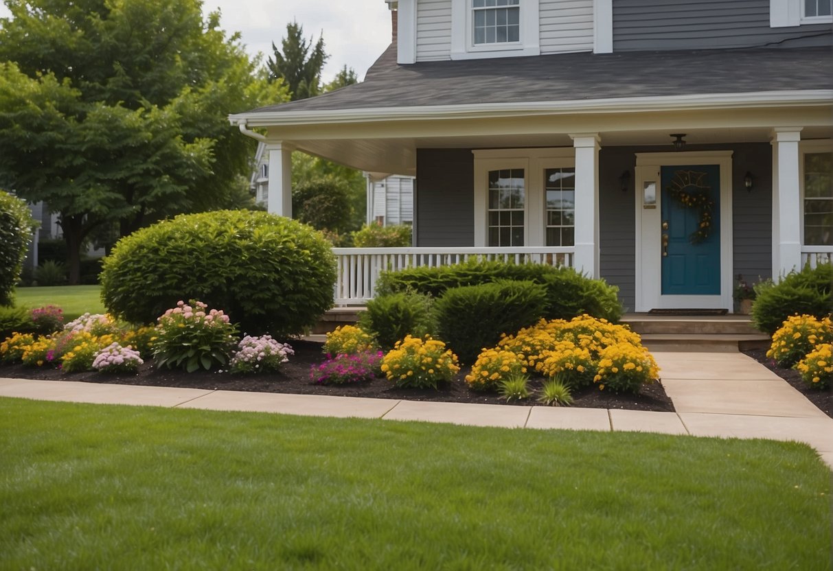 A well-maintained front yard with trimmed hedges, colorful flowers, and a freshly painted front door. Clean walkways, a tidy driveway, and updated outdoor lighting