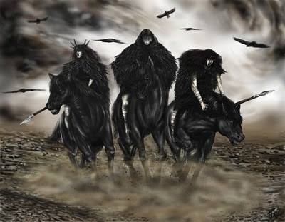 There are three black horses with three dark figures on them. Each are holding a spear. There is a dark field around them with a cloudy dark sky and crows. 