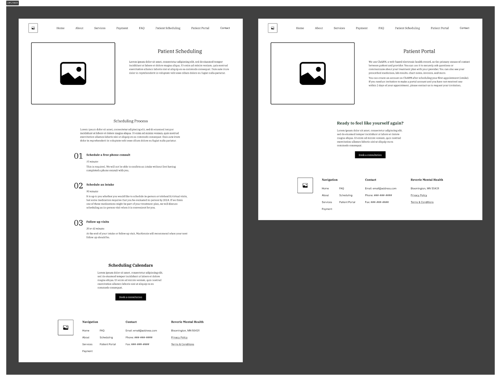 Two black and white wireframes for two separate pages. 