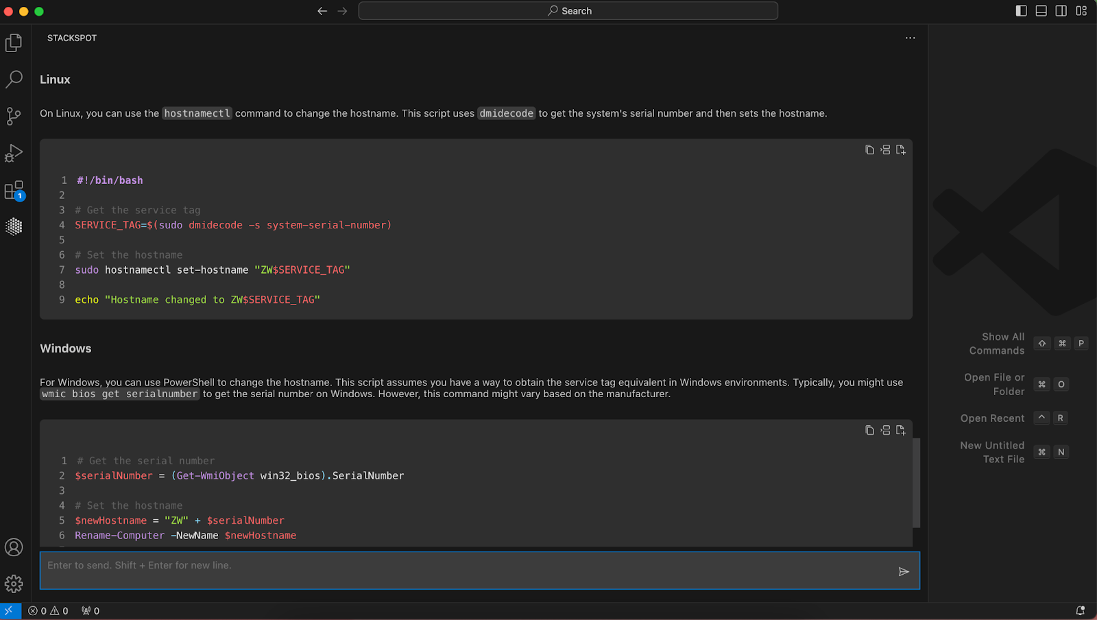 Captura de tela do StackSpot AI, na qual solicito um script e a ferramenta o fornece no Windows e no Ubuntu.