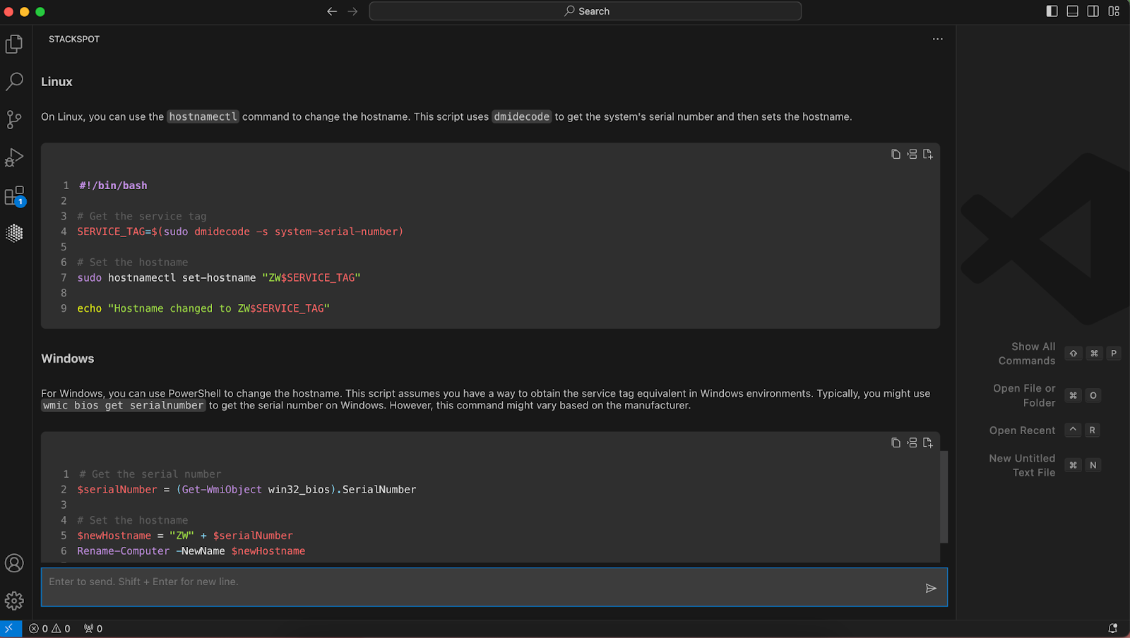 Imagem do artigo de Operações de segurança com captura de tela do StackSpot AI, na qual solicito um script e a ferramenta o fornece no Windows e no Ubuntu.