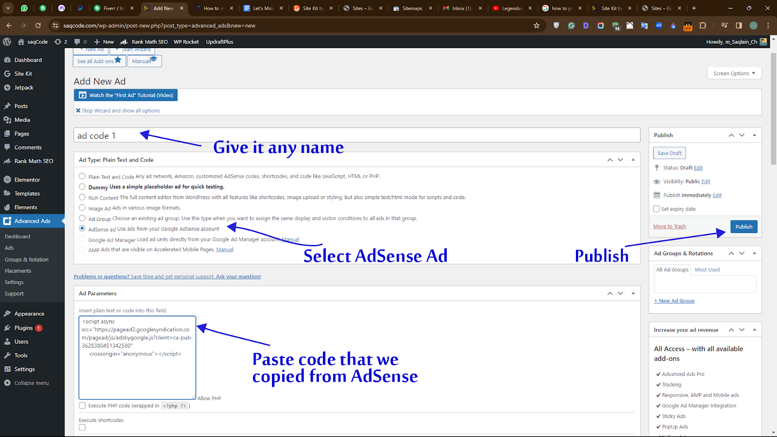 add adsense code in wordpress