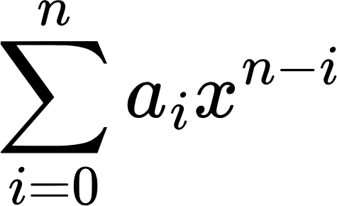 {"type":"$$","backgroundColor":"#FFFFFF","code":"$$\\sum_{i=0}^{n}a_{i}x^{n-i}$$","id":"1","aid":null,"font":{"family":"Arial","size":12,"color":"#000000"},"ts":1719522041454,"cs":"ZMuHk9t9fAv+ZfyT77ZGzw==","size":{"width":79.16666666666667,"height":48.333333333333336}}