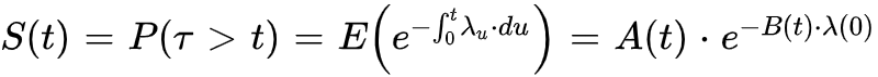 S(t)=P(tau>t)=E(e^{-int_0^tlambda_u*du})=A(t)*e^{-B(t)*lambda(0)}”></p>



<p class=