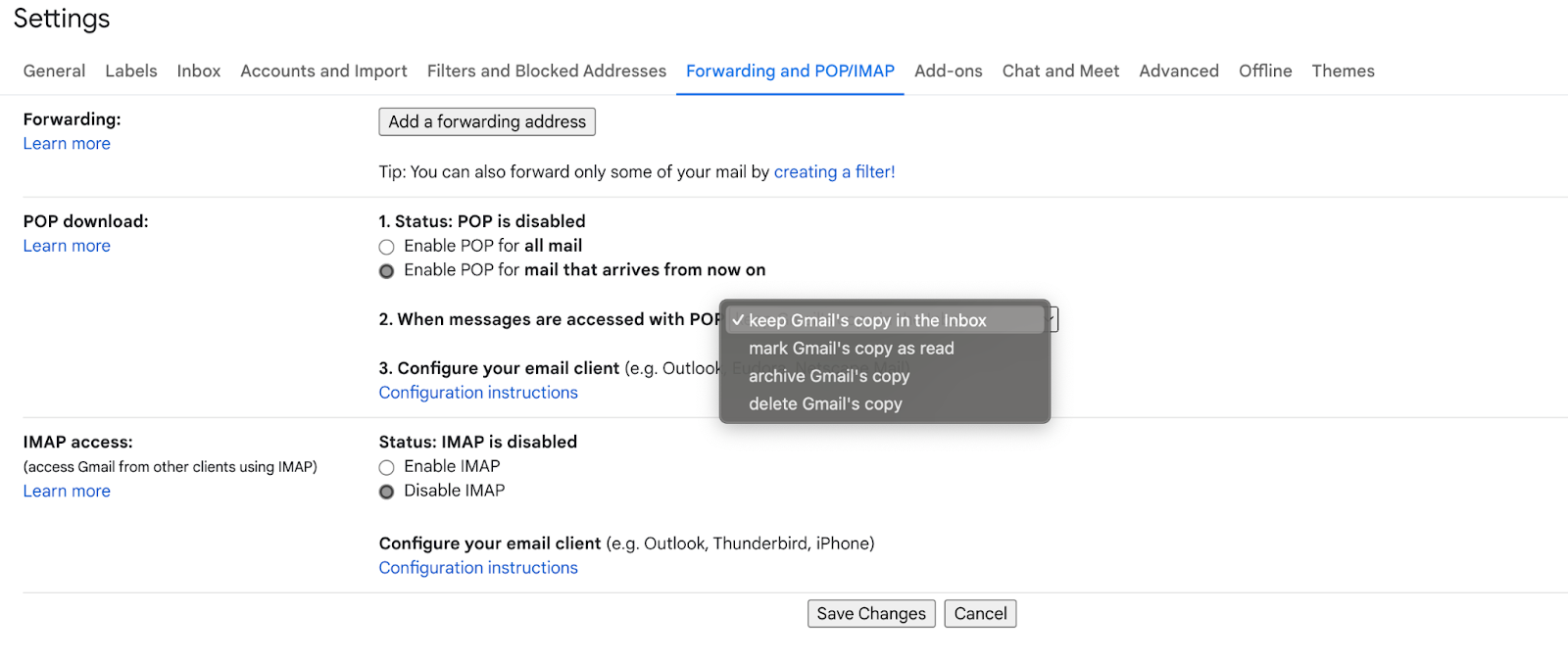 Gmail opções de download do POP3