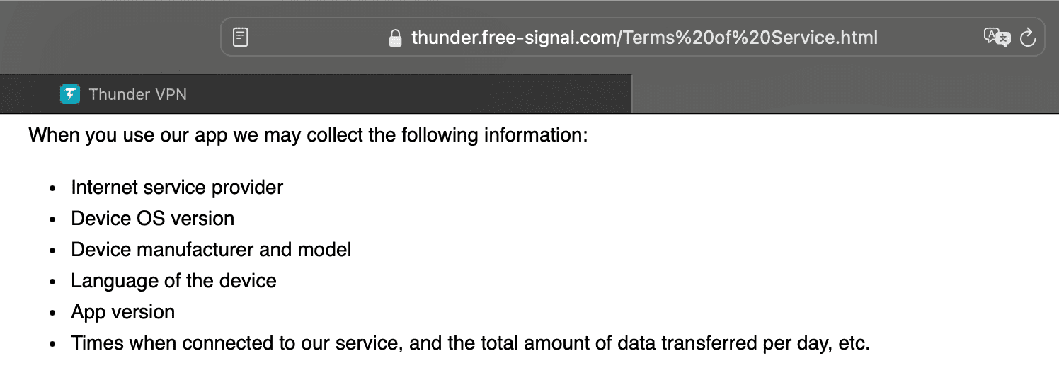 Thunder VPN collects technical data