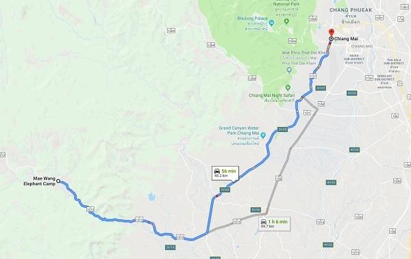 Bản đồ hướng dẫn di cách di chuyển đến công viên voi Chiang Mai