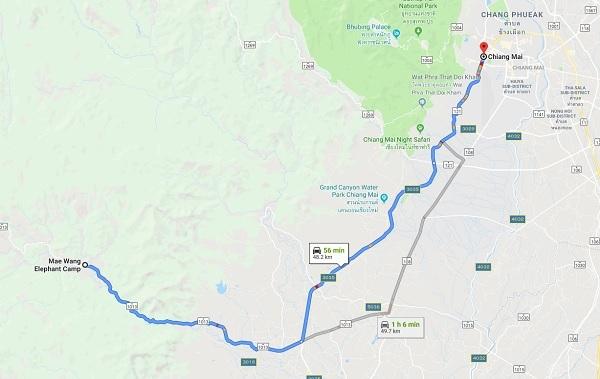 Bản đồ hướng dẫn di cách di chuyển đến công viên voi Chiang Mai