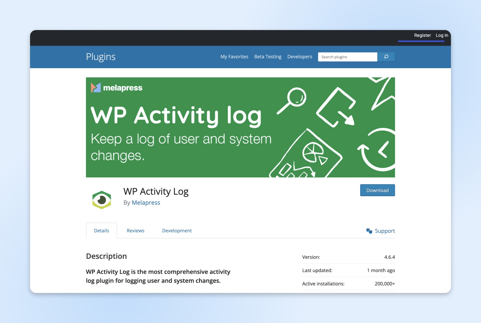 La pantalla del complemento de registro de actividad de WP muestra un banner verde y un botón de descarga azul