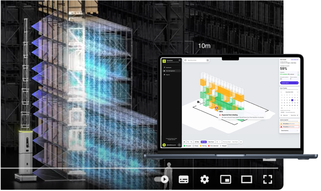 Graphic showing the Dexory robot scanning a rack in a warehouse with the equivalent digital twin model displayed in DexoryView