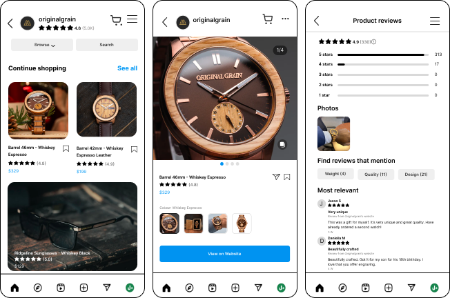 Example of Original Grain's Instagram Shop that displays reviews using Junip