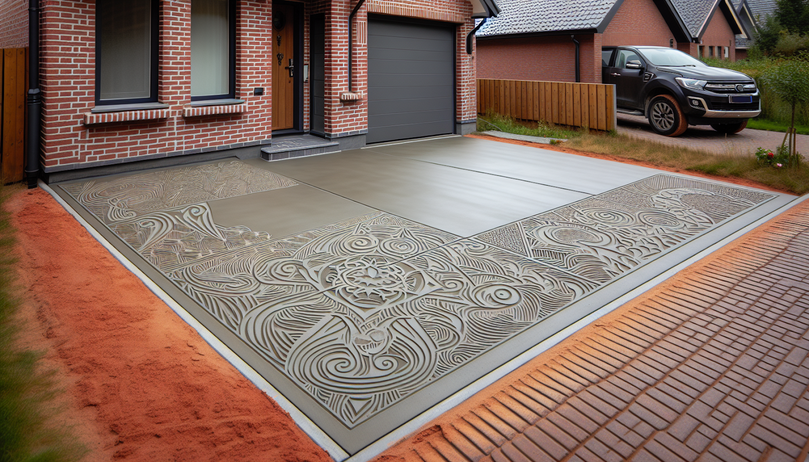 Concrete driveway with intricate carved designs, demonstrating creative and decorative options for enhancing the entrance to a home.