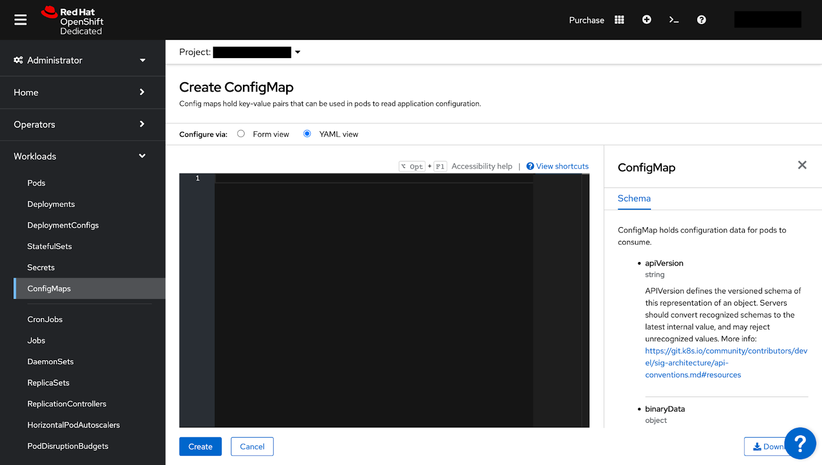 Create ConfigMap page with YAML view selected.