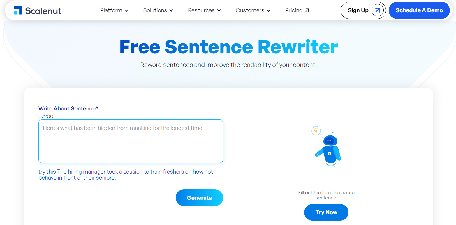 Scalenut.com's Sentence Rewriter and Rewording Tool 