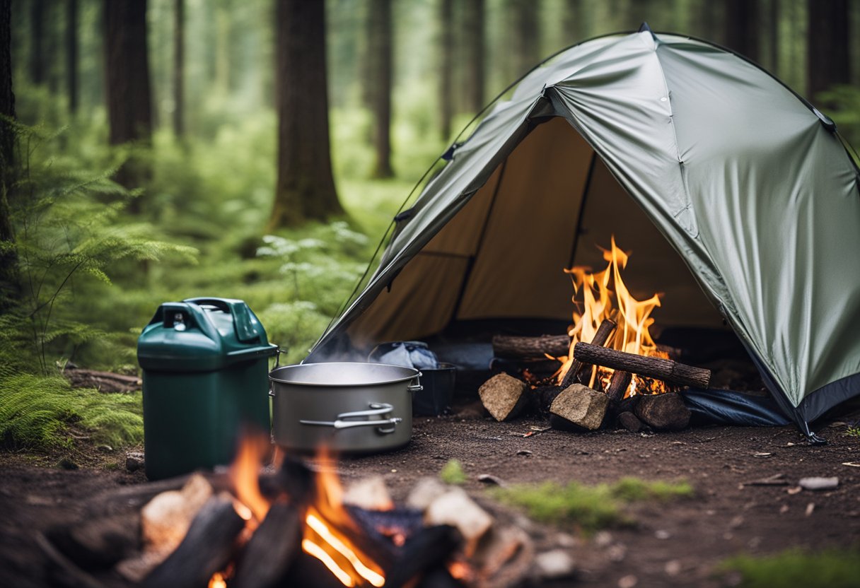 A pristine campsite with packed-out waste, a fire ring, and a tarp for cooking, surrounded by untouched nature