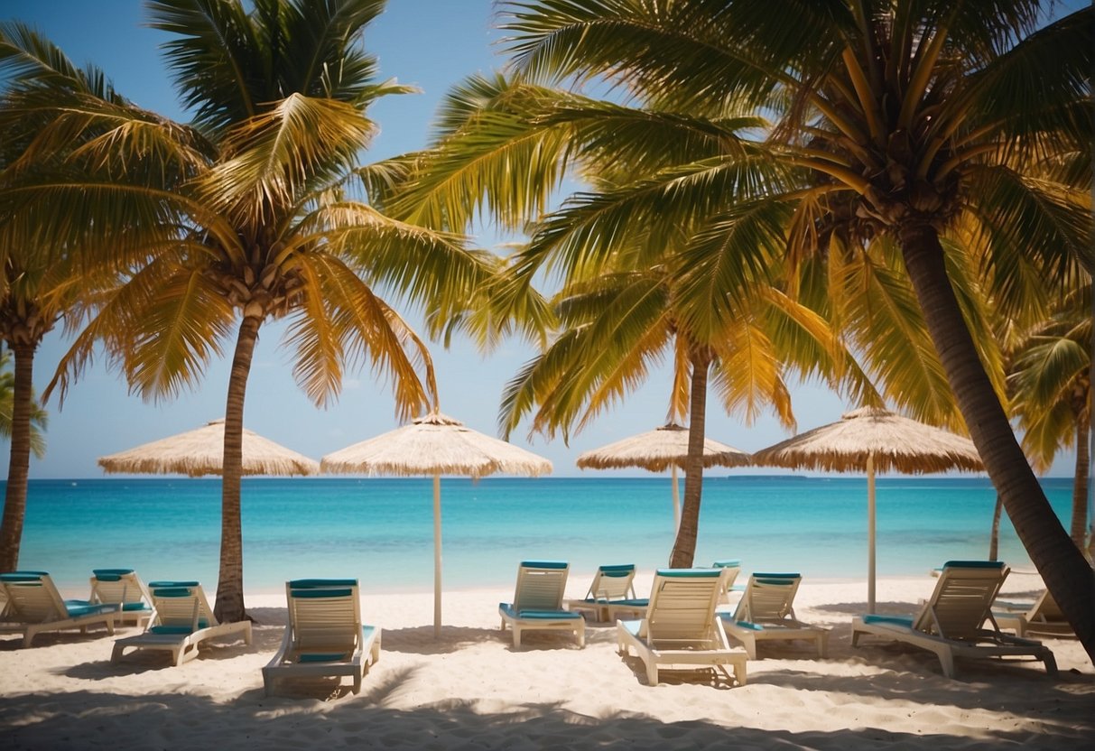 Sun-kissed sandy shores and crystal-clear turquoise waters, with colorful umbrellas and loungers dotted along the coastline. A gentle breeze rustles through the palm trees, while the sound of waves lapping against the shore creates a serene atmosphere