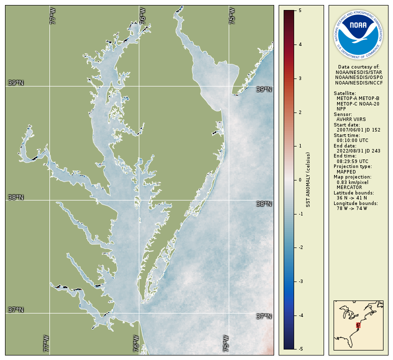 Map showing satellite data that Chesapeake Bay waters were cooler than average in summer 2023.