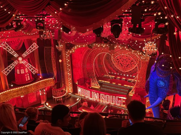 View from seat at Moulin Rouge at the Piccadilly Theatre in London from seat Grand Circle D2