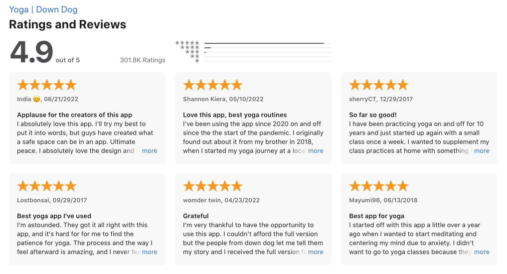 Screenshot of six 5-star customer reviews for the Down Dog App, highlighting that the app feels like a safe and motivational space, and how reviewers feel this is the best yoga app on the market.