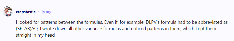 A screenshot from Reddit where a student shares their experience of a pattern-based approach to learning formulas.