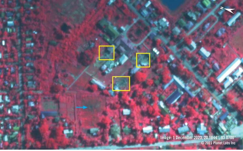 False-colour, near-infrared satellite imagery from 1 December 2023 shows the reported hospital area. Healthy
vegetation appears in shades of red and unhealthy or burned vegetation appears darker shades of black and brown.
The imagery shows recently damaged and destroyed structures - highlighted with yellow boxes. A large crater, with an
approximately four-metre diameter, is highlight with a blue arrow. 