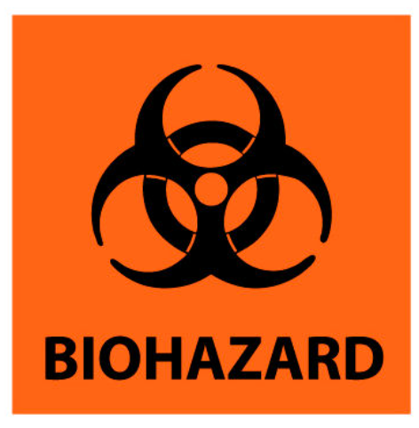 An orange and black label with a biohazard symbol with “Biohazard” printed underneath.
