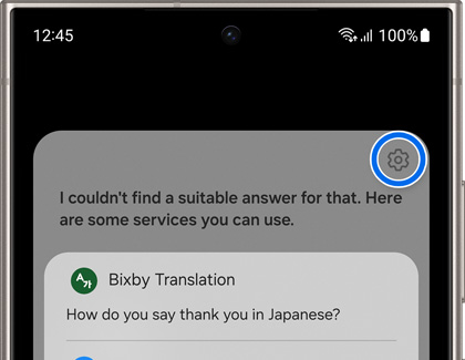 Settings icon highlighted in the Bixby app