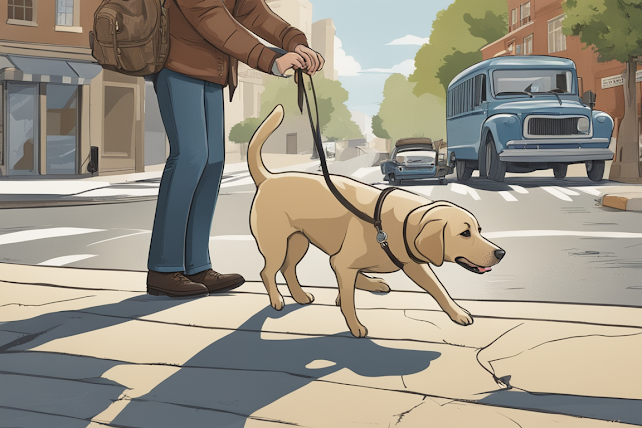 A Labrador Retriever assisting its owner in crossing the street