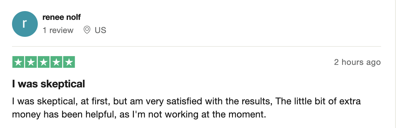 A 5-star Trustpilot review from a Survey Junkie user who was initially doubtful but is now happy with the extra money. 