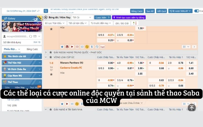 Các thể loại cá cược online độc quyền tại sảnh thể thao Saba của MCW