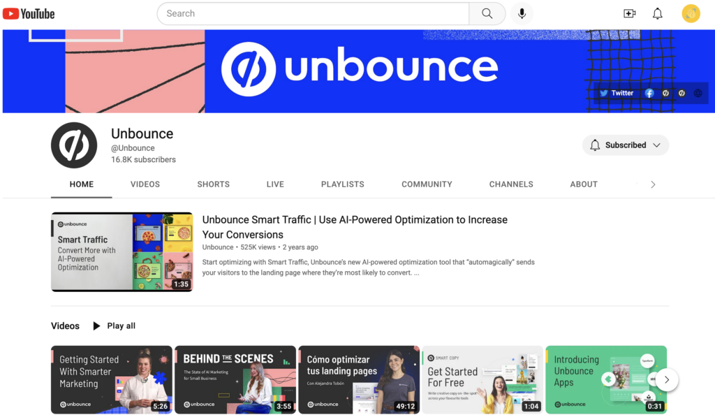 Kênh YouTube của UnBounce hiện có video nổi bật xuất hiện cho những người đã đăng ký kênh thay cho đoạn giới thiệu kênh.