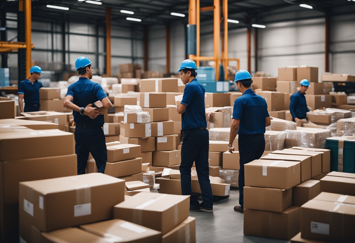 Packages piling up in a warehouse, workers rushing to meet deadlines, a frustrated customer waiting for their order