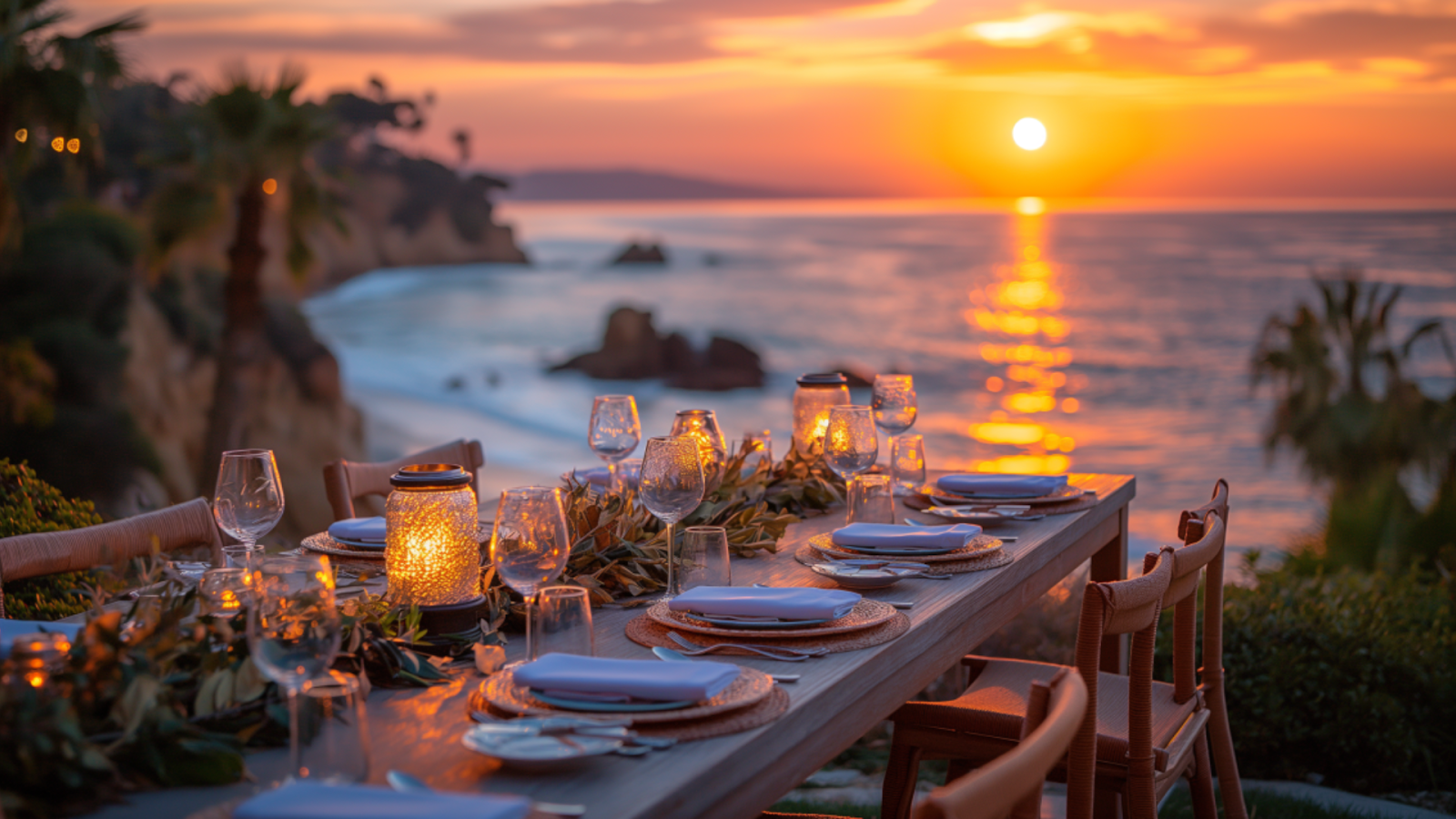 Exquisite dining setup on terrace overlooking Croatia's coastline.