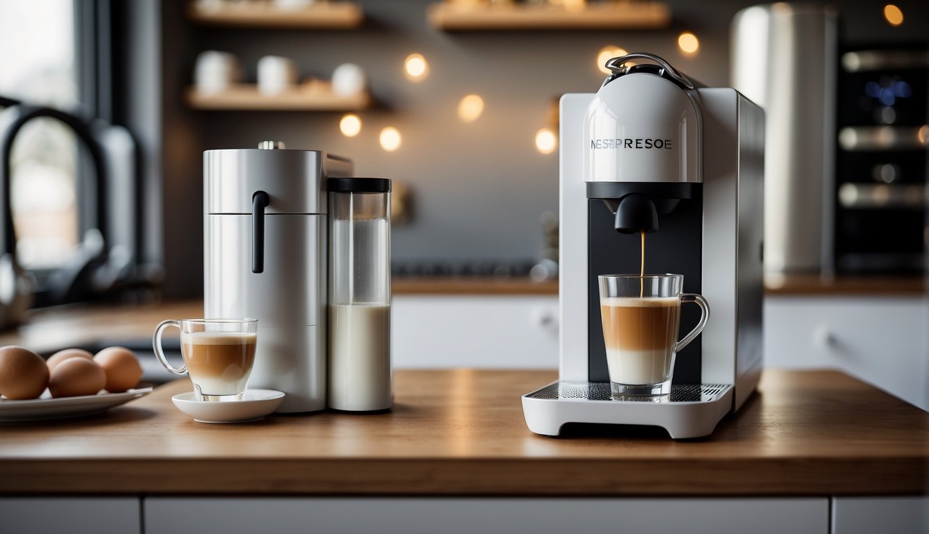 A white Nespresso Lattissima One coffee machine sits on a kitchen counter, plugged into a 110v outlet. Model F121