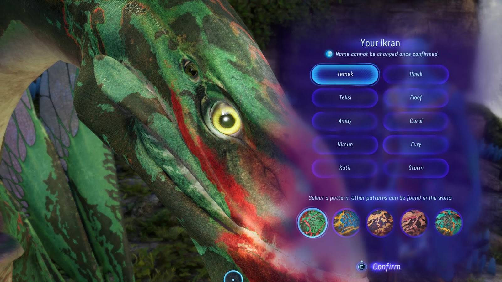 An in game screenshot of your ikran and the customization options for them in Avatar: Frontiers of Pandora