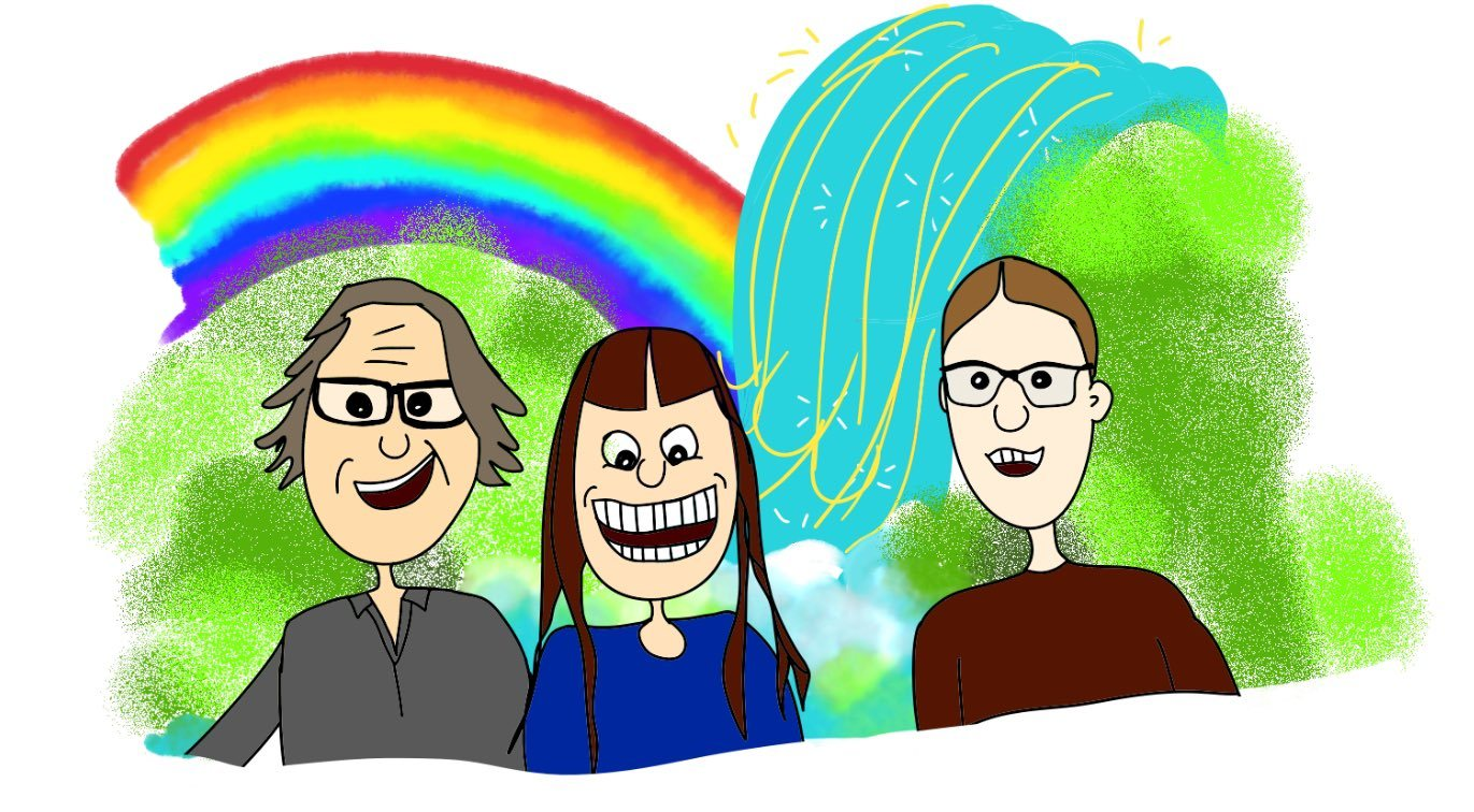 Image: The Poets: Tom, Sandra S and Sandra A (drawn by Jacqui Bartram, #ALDcon23)