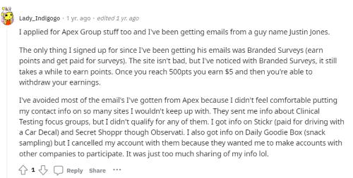 An Apex Focus Group user posts on Reddit that they've only participated with Branded Surveys since joining the site. 