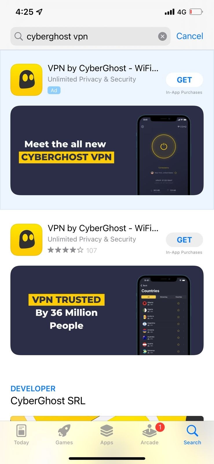 App Store mostrando la aplicación CyberGhost VPN iOS.