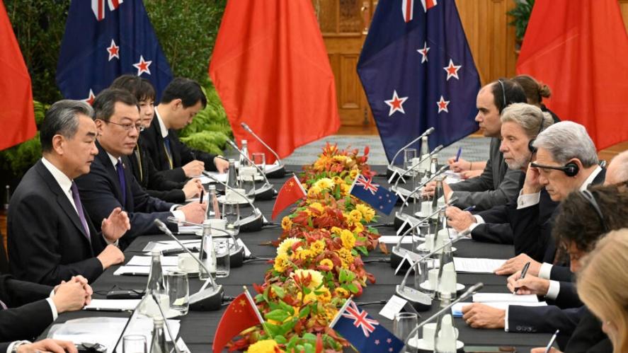 New Zealand Deputy Prime Minister and Foreign Minister Winston Peters meets with Chinese Foreign Minister Wang Yi during a formal bilateral meeting at New Zealand Parliament in Wellington, New Zealand