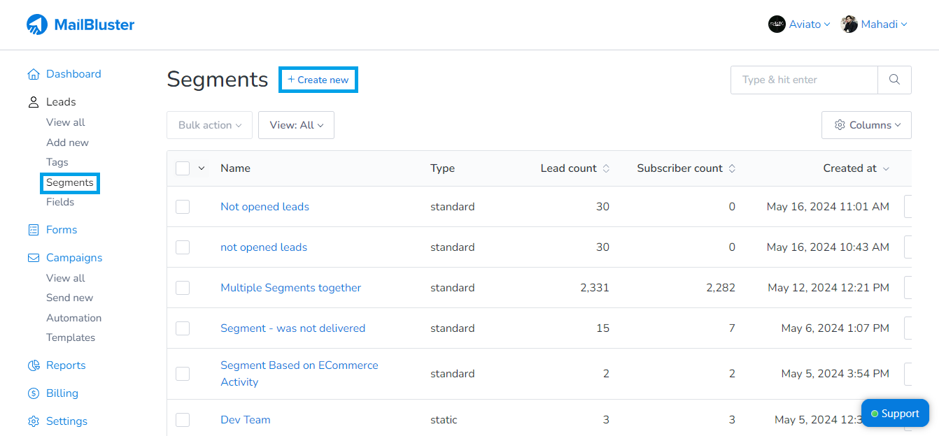 Segments section in MailBluster