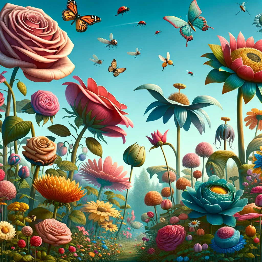 Illustration of a whimsical garden set against a clear blue sky. The garden is filled with oversized, vibrant flowers that tower over everything else. Giant roses, tulips, and daisies sway gently in the breeze. Among these colossal blooms, enormous insects flutter about: butterflies with wingspans the size of umbrellas, dragonflies darting around, and ladybugs crawling on the petals. The whole scene feels surreal, as if one has stepped into a larger-than-life fairytale.