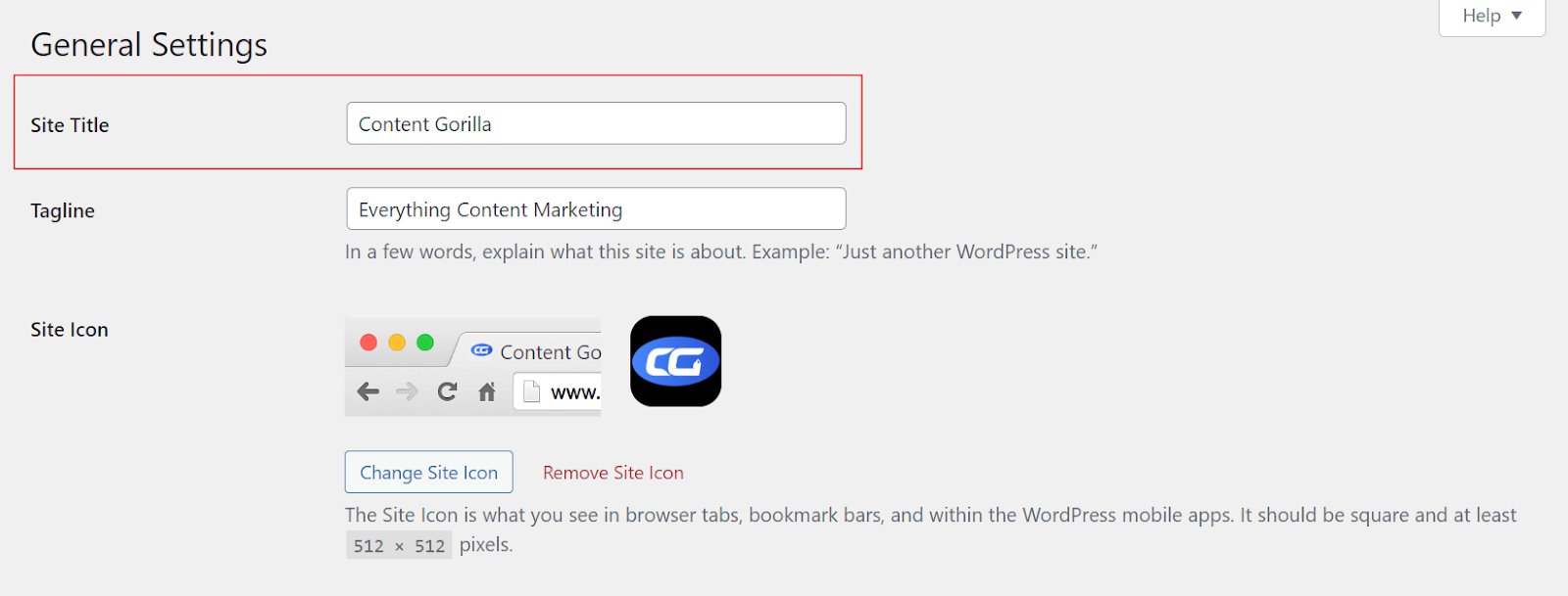 WordPress dashboard general settings  highlighting the WordPress site title