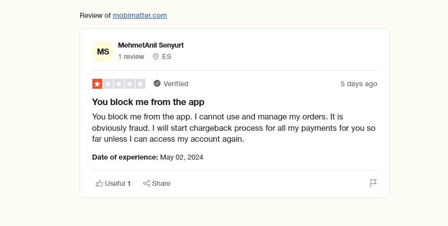 one star review from mehmetanil on trustpilot