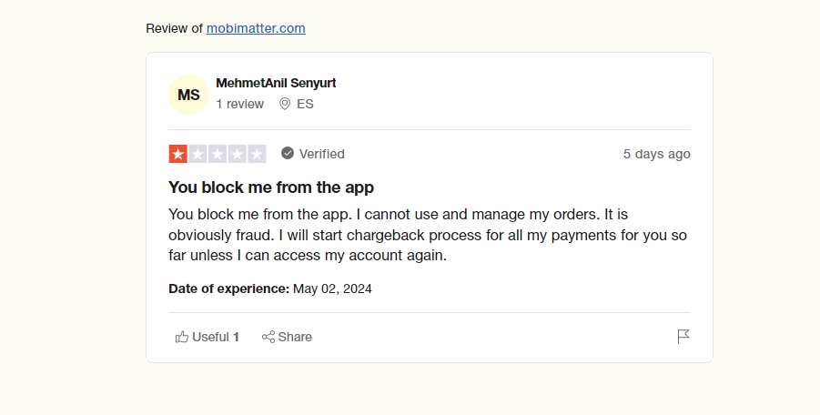 one star review from mehmetanil on trustpilot