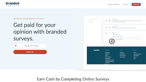 The Branded Surveys sign-up page offering to pay users for their opinions.