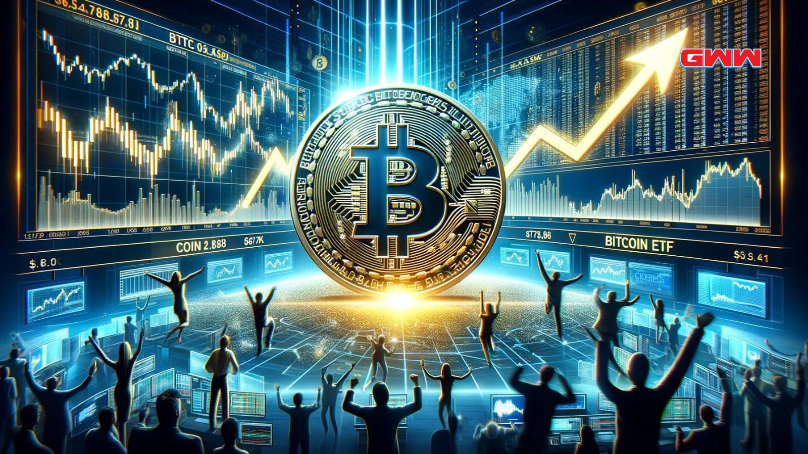 Bitcoin with rising graph, celebrating traders, digital market background