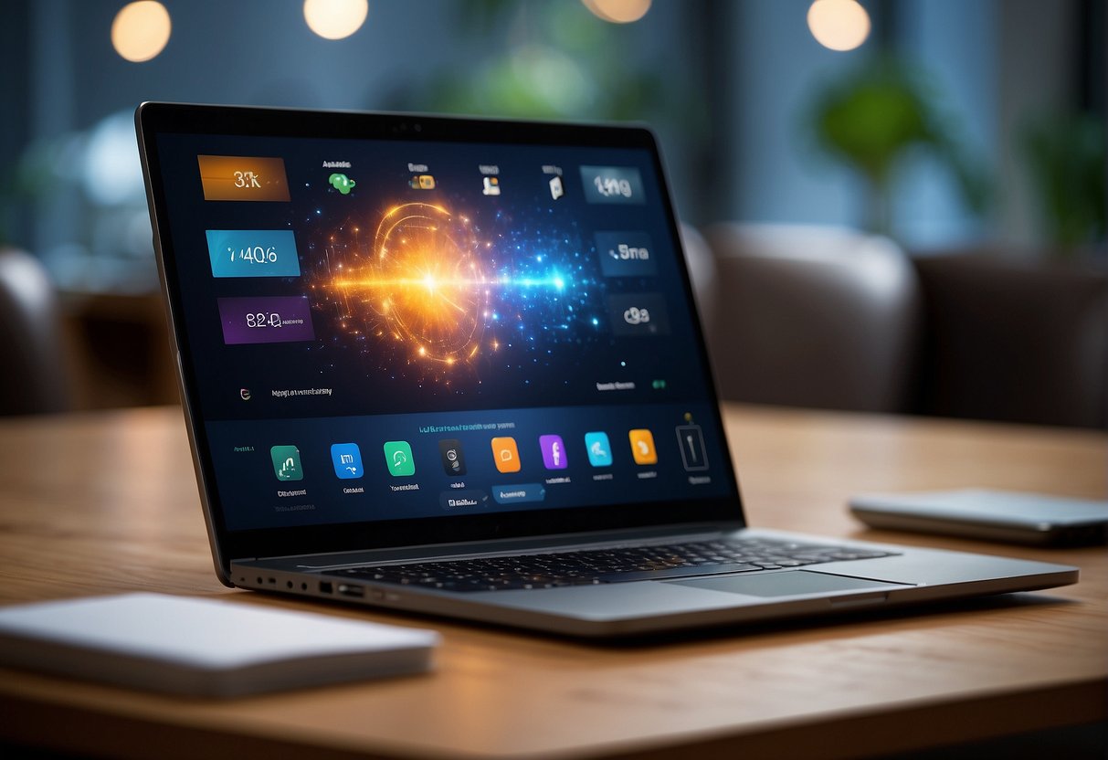 A laptop with a sleek design and a vibrant screen displaying a user-friendly interface. Clear call-to-action buttons and engaging visuals. Fast loading speed and responsive layout