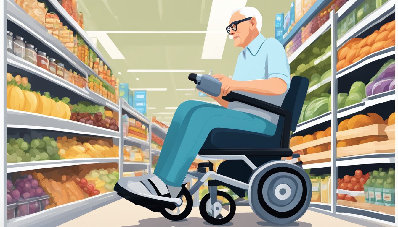 An elderly person using an electric wheelchair to navigate through a crowded grocery store aisle