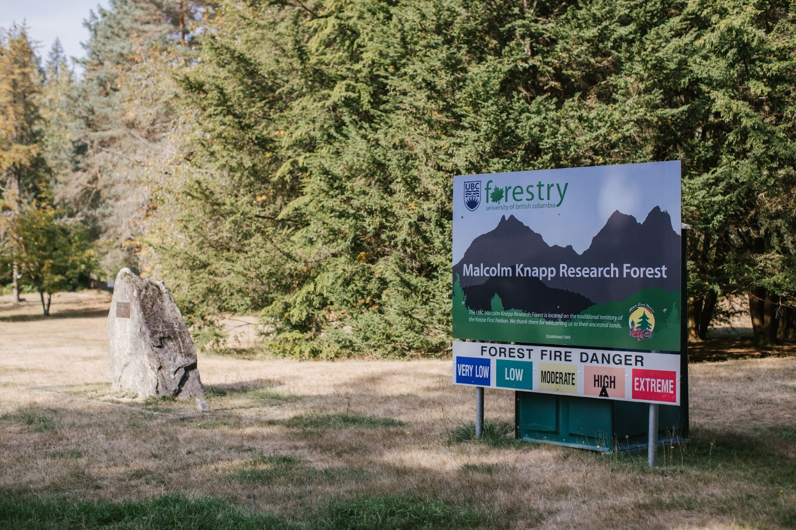 the UBC sign board for the Malcolm Knapp Research Forest with a Forest Fire Danger meter showing high risk for forest fires