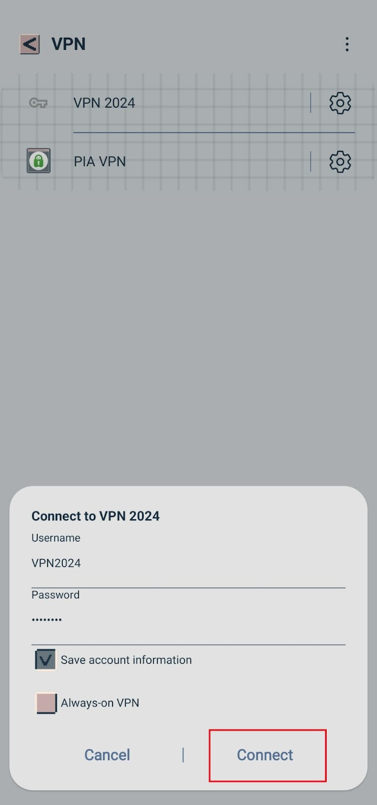 VPN manual setup settings on Android